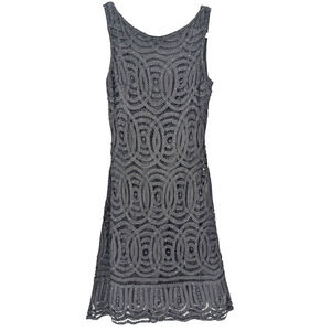 VTG Y2K Cache Black Crochet‎ Lace Art Deco Geo Print Beaded V Back Dress Small